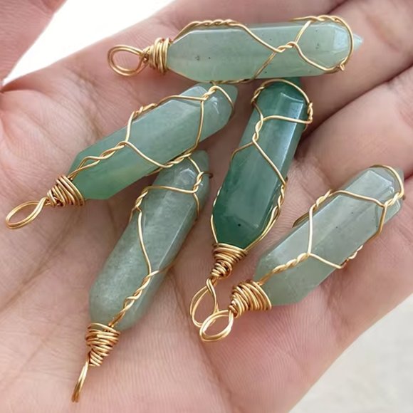 Green Aventurine  Natural Gemstone Hexagonal Point Gold Wire Wrapped Pendant - Picture 2 of 3